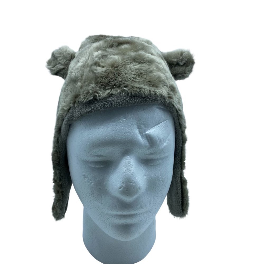 H&M Kid Baby 6-9 Months Gray Faux Fur Animal Ears Pilot Winter Button Hat Cap